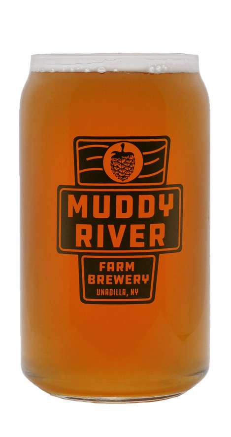 Amber-colored beer in a can-shaped glass featuring the Muddy River Farm Brewery logo