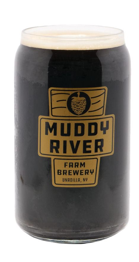 Very dark beer in a can-shaped glass featuring the Muddy River Farm Brewery logo