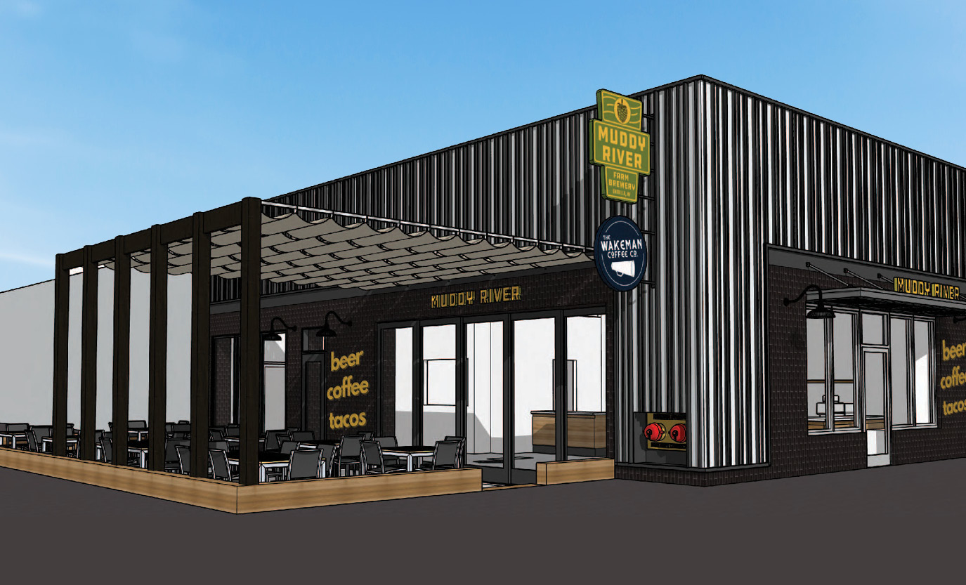 An architectural rendering of a brewery façade with dark siding and an awning and beer garden