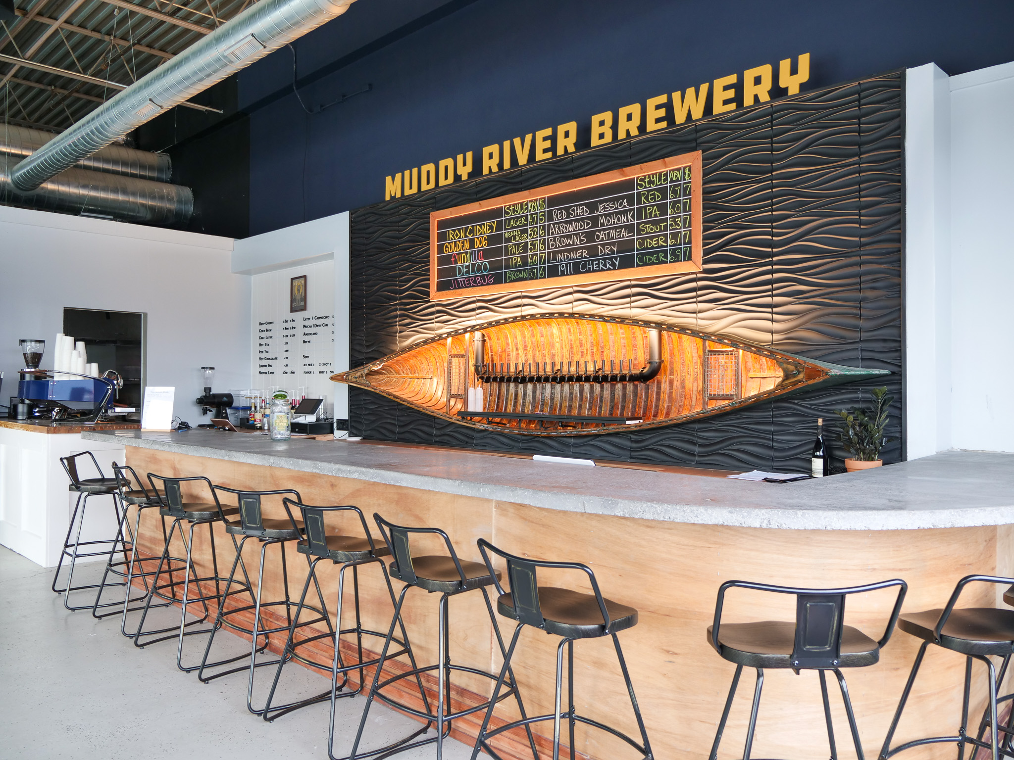 Interior of a brewery bar, stools, and canoe shaped tap system