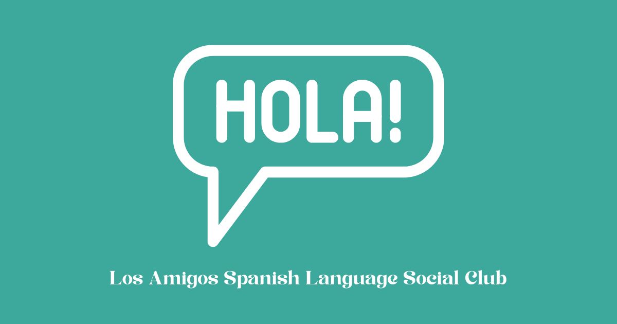 blue green graphic with a white speech bubble that reads "hola"